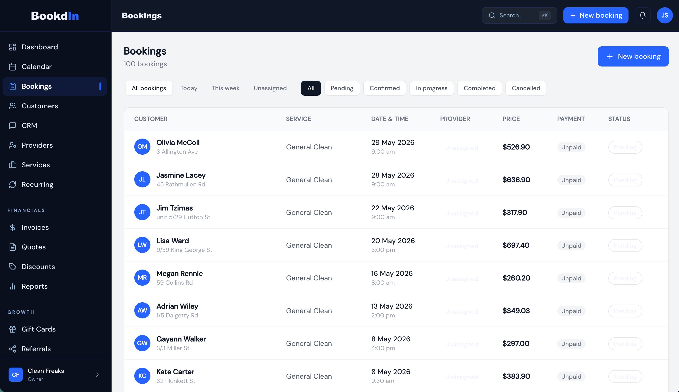 BookdIn bookings list