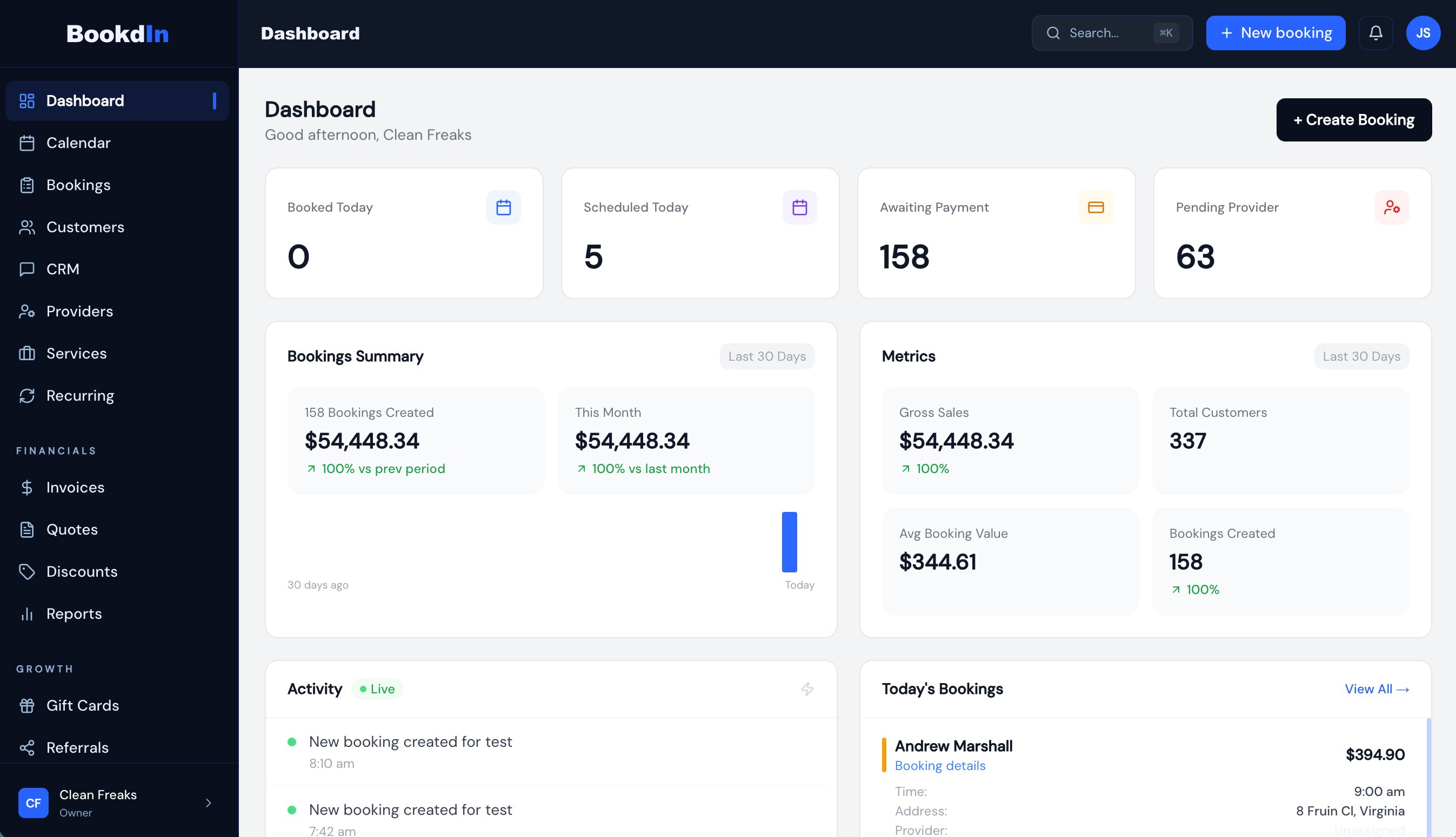 BookdIn dashboard showing bookings, revenue and CRM